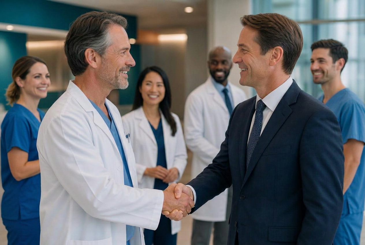 A physician shaking hands with a business administrator after completing a partnership, with clinical colleagues in the background